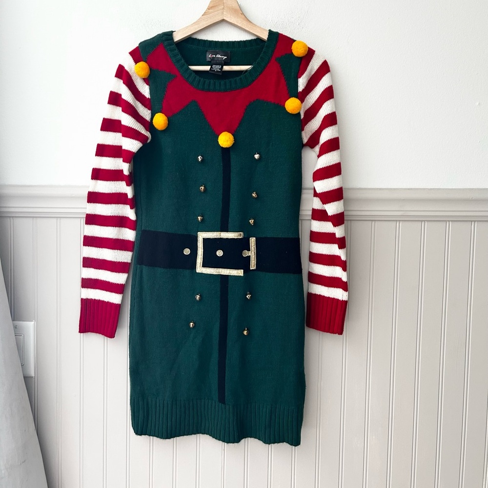 Festive Elf Sweater Dress with Striped Sleeves Love Always Small